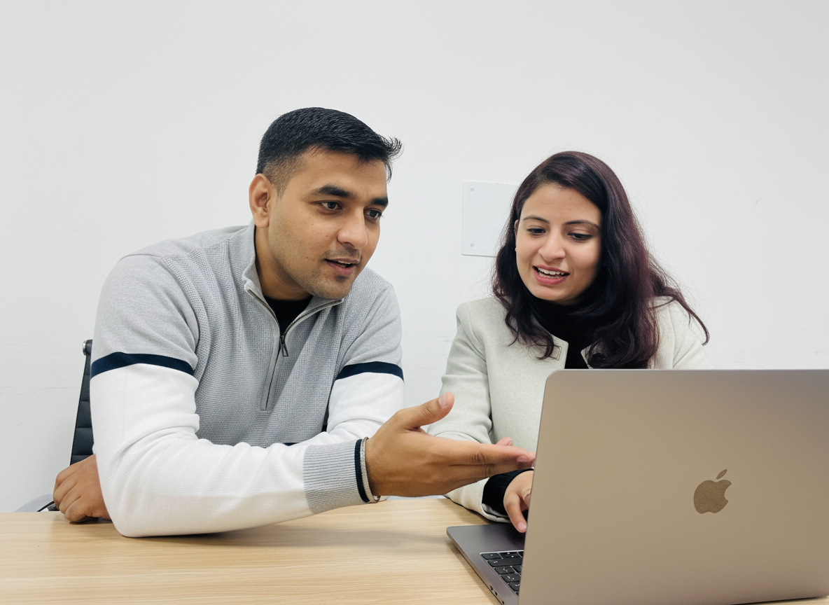 Two professionals collaborating on a laptop