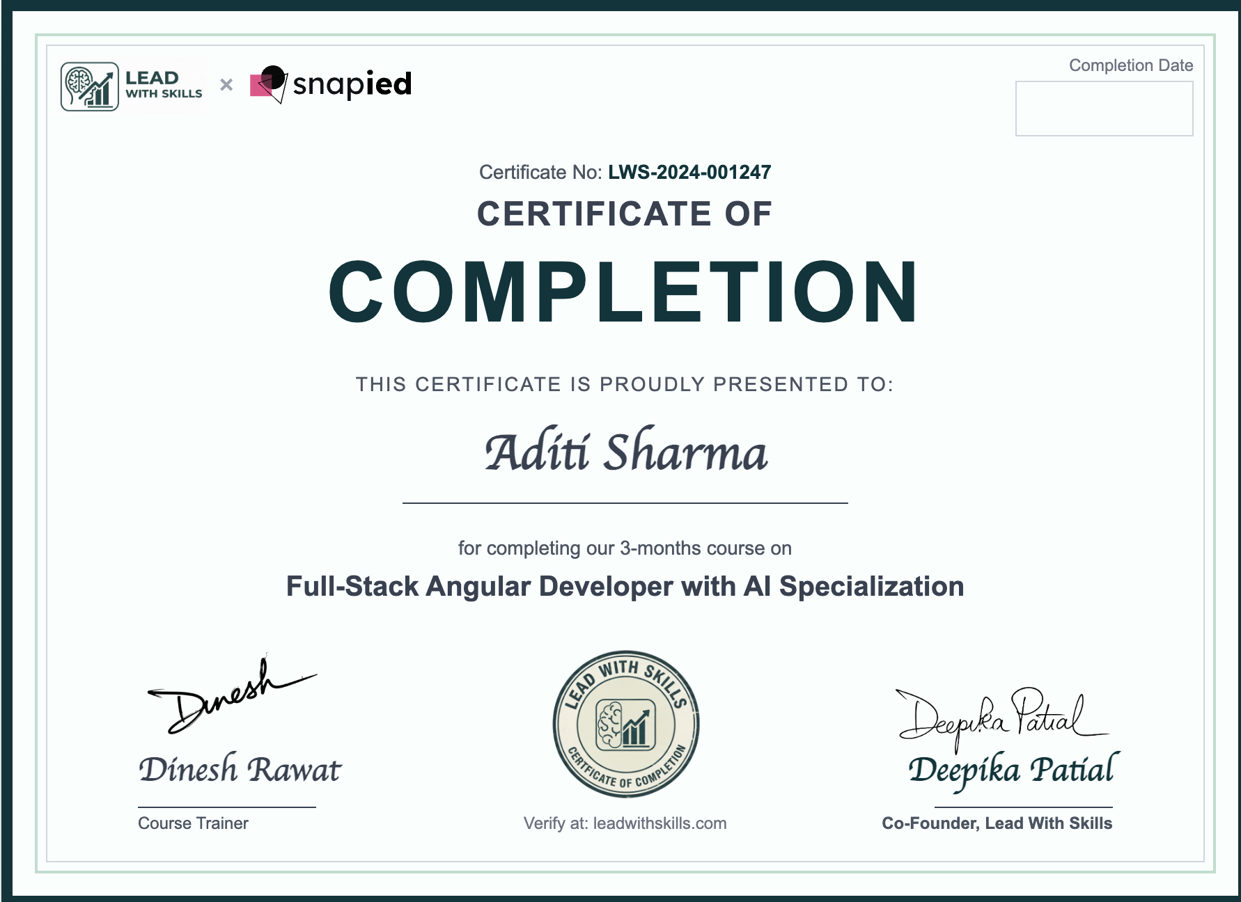 Lead With Skills AI Full-Stack Angular Developer Certificate