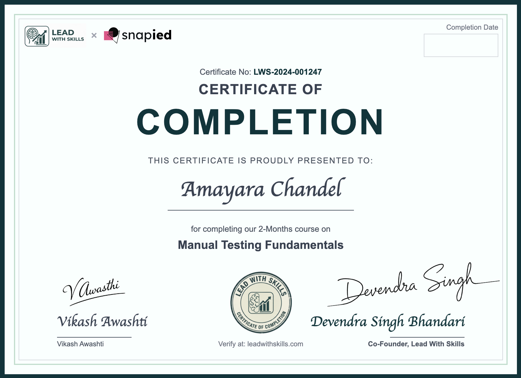 Lead With Skills Manual Testing Certificate