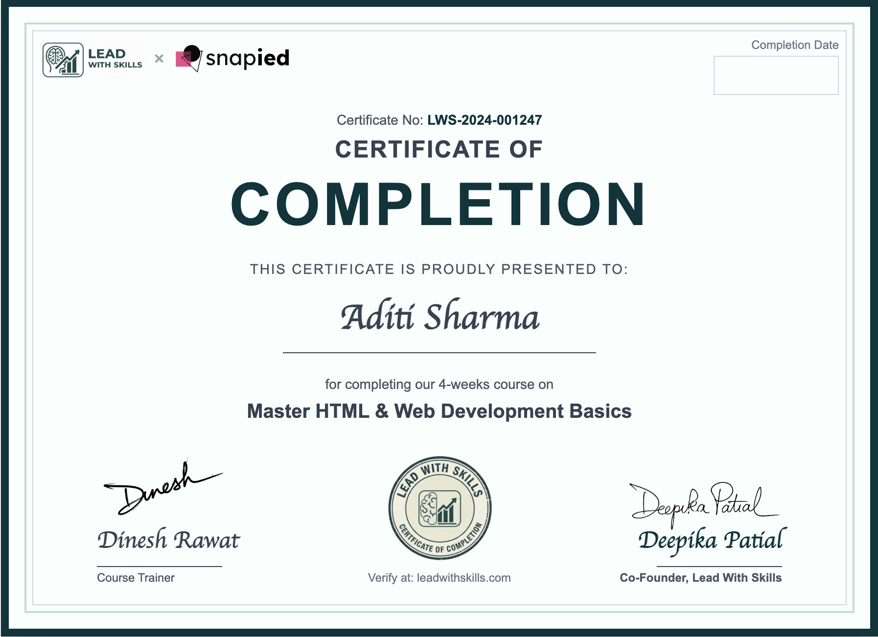 Lead With Skills HTML Development Certificate