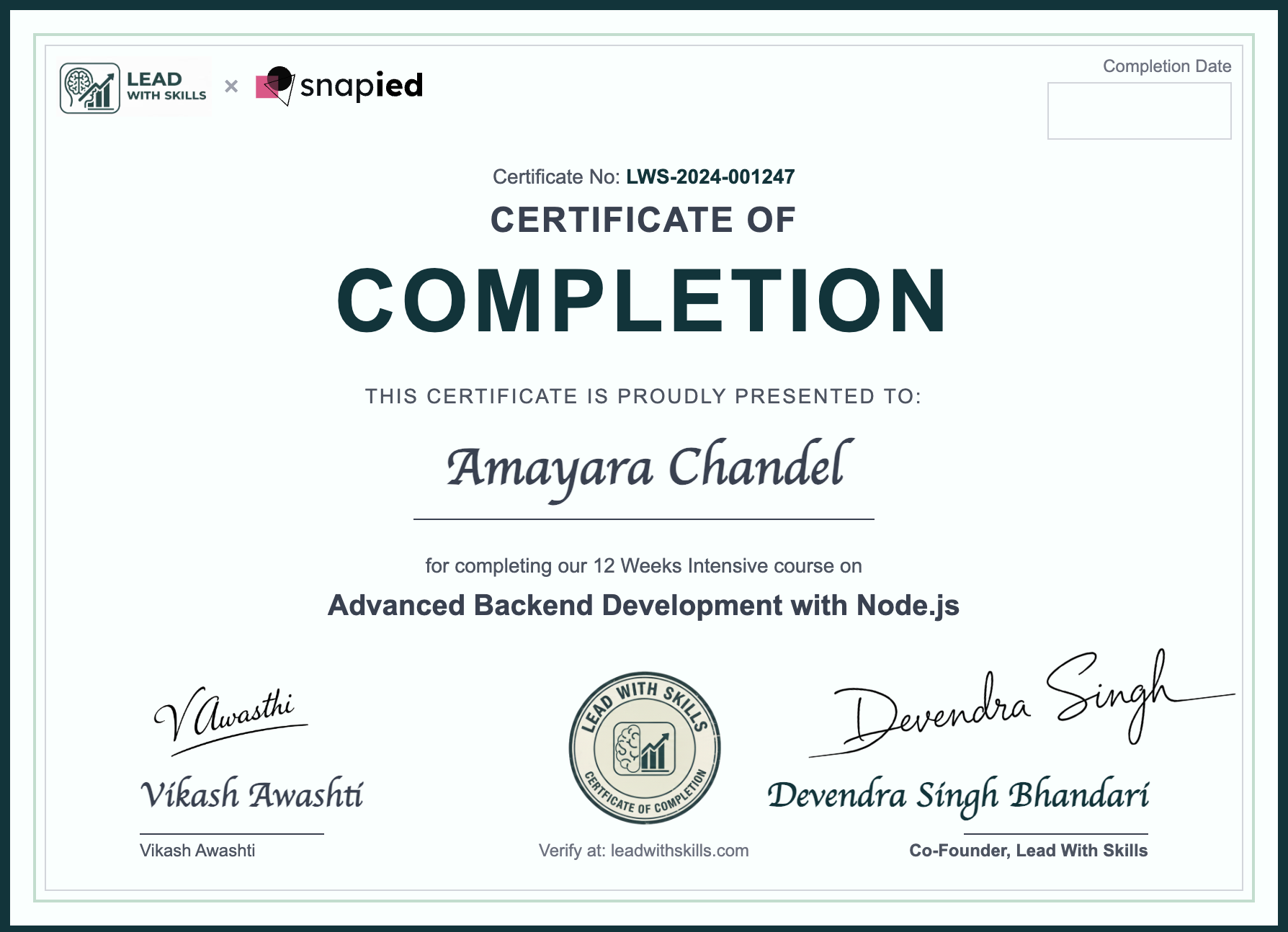Lead With Skills Node.js Development Certificate